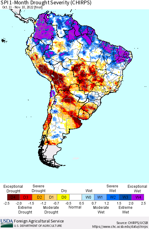 South America SPI 1-Month Drought Severity (CHIRPS) Thematic Map For 10/11/2022 - 11/10/2022