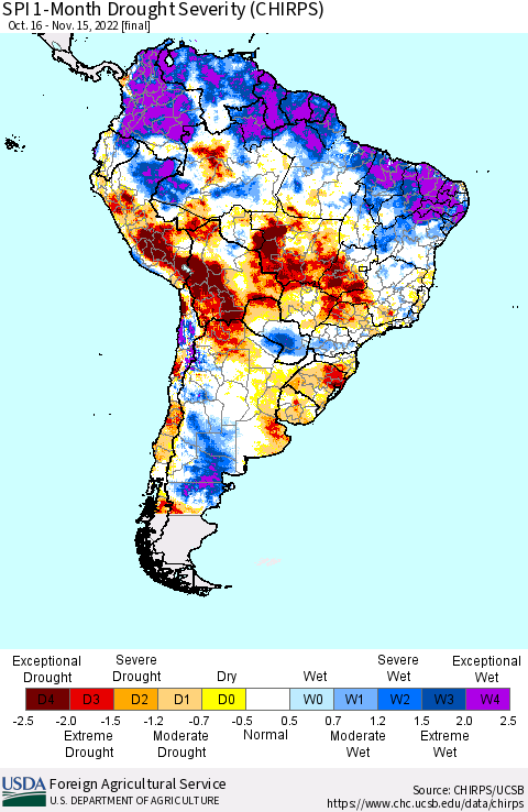 South America SPI 1-Month Drought Severity (CHIRPS) Thematic Map For 10/16/2022 - 11/15/2022