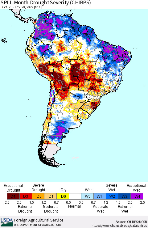 South America SPI 1-Month Drought Severity (CHIRPS) Thematic Map For 10/21/2022 - 11/20/2022
