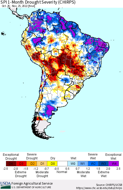 South America SPI 1-Month Drought Severity (CHIRPS) Thematic Map For 10/26/2022 - 11/25/2022