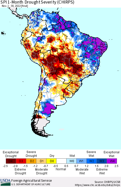 South America SPI 1-Month Drought Severity (CHIRPS) Thematic Map For 11/1/2022 - 11/30/2022