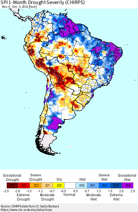 South America SPI 1-Month Drought Severity (CHIRPS) Thematic Map For 11/6/2022 - 12/5/2022