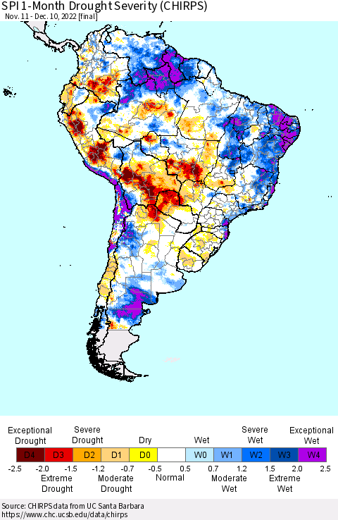 South America SPI 1-Month Drought Severity (CHIRPS) Thematic Map For 11/11/2022 - 12/10/2022