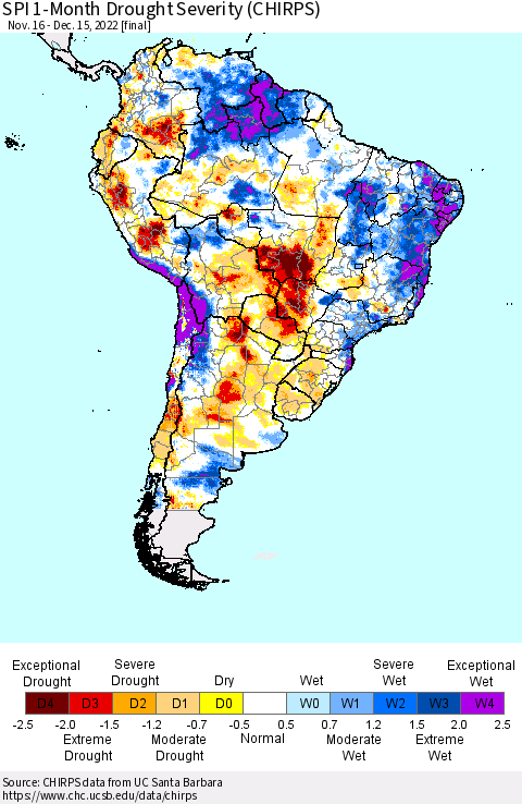 South America SPI 1-Month Drought Severity (CHIRPS) Thematic Map For 11/16/2022 - 12/15/2022