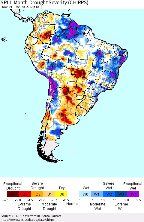 South America SPI 1-Month Drought Severity (CHIRPS) Thematic Map For 11/21/2022 - 12/20/2022