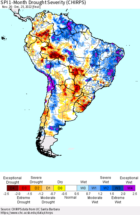South America SPI 1-Month Drought Severity (CHIRPS) Thematic Map For 11/26/2022 - 12/25/2022
