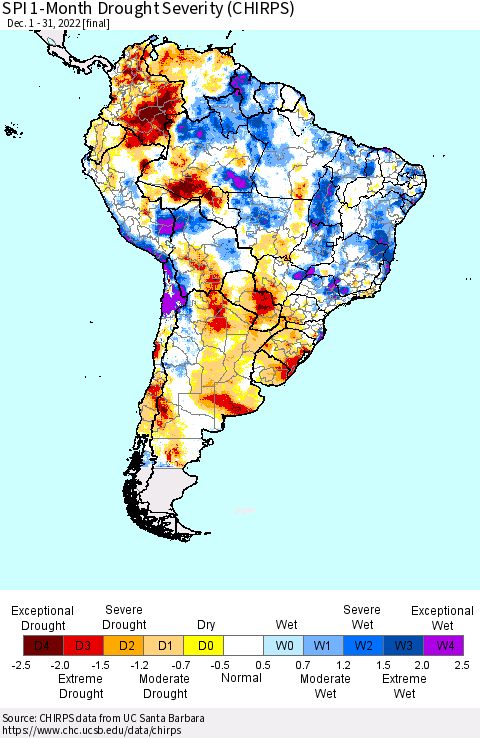 South America SPI 1-Month Drought Severity (CHIRPS) Thematic Map For 12/1/2022 - 12/31/2022