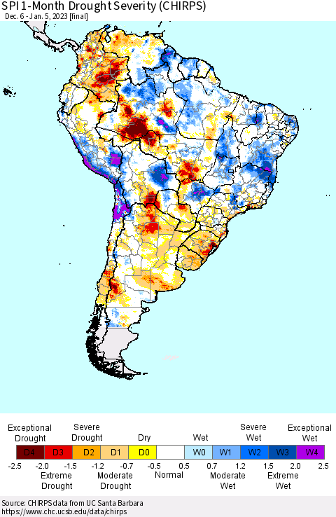 South America SPI 1-Month Drought Severity (CHIRPS) Thematic Map For 12/6/2022 - 1/5/2023