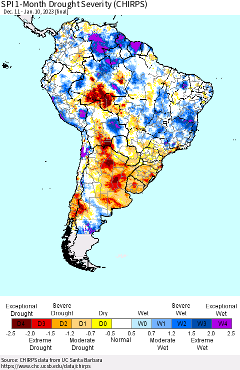 South America SPI 1-Month Drought Severity (CHIRPS) Thematic Map For 12/11/2022 - 1/10/2023