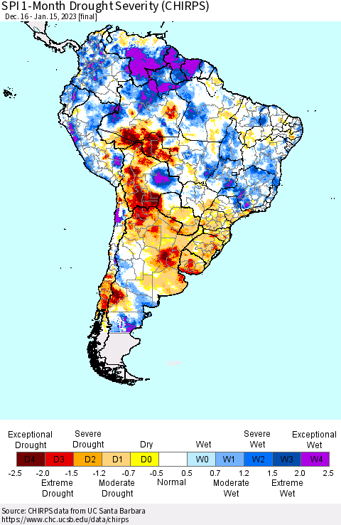 South America SPI 1-Month Drought Severity (CHIRPS) Thematic Map For 12/16/2022 - 1/15/2023