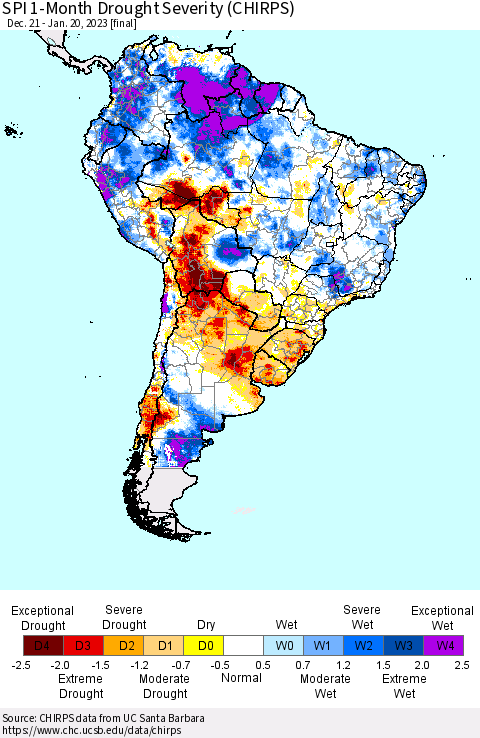 South America SPI 1-Month Drought Severity (CHIRPS) Thematic Map For 12/21/2022 - 1/20/2023