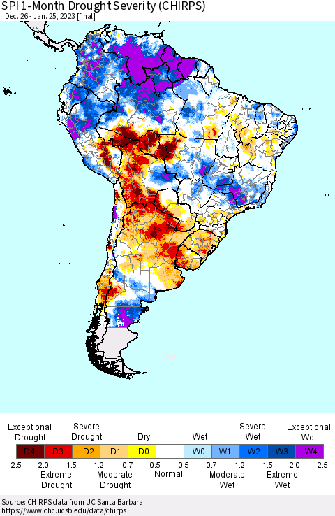 South America SPI 1-Month Drought Severity (CHIRPS) Thematic Map For 12/26/2022 - 1/25/2023