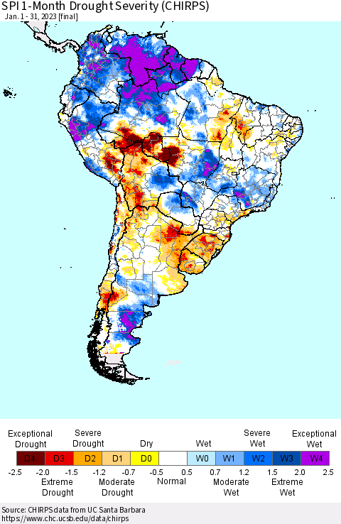 South America SPI 1-Month Drought Severity (CHIRPS) Thematic Map For 1/1/2023 - 1/31/2023