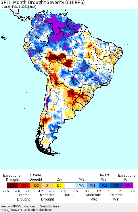 South America SPI 1-Month Drought Severity (CHIRPS) Thematic Map For 1/6/2023 - 2/5/2023