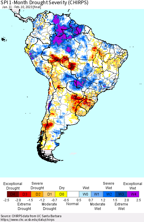 South America SPI 1-Month Drought Severity (CHIRPS) Thematic Map For 1/11/2023 - 2/10/2023