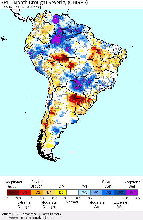 South America SPI 1-Month Drought Severity (CHIRPS) Thematic Map For 1/16/2023 - 2/15/2023