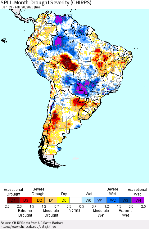South America SPI 1-Month Drought Severity (CHIRPS) Thematic Map For 1/21/2023 - 2/20/2023