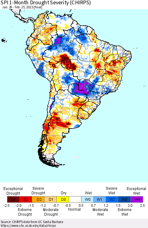 South America SPI 1-Month Drought Severity (CHIRPS) Thematic Map For 1/26/2023 - 2/25/2023