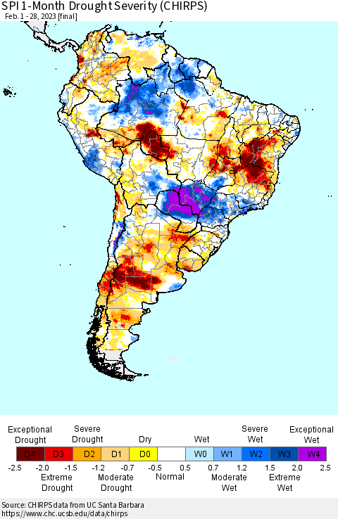 South America SPI 1-Month Drought Severity (CHIRPS) Thematic Map For 2/1/2023 - 2/28/2023