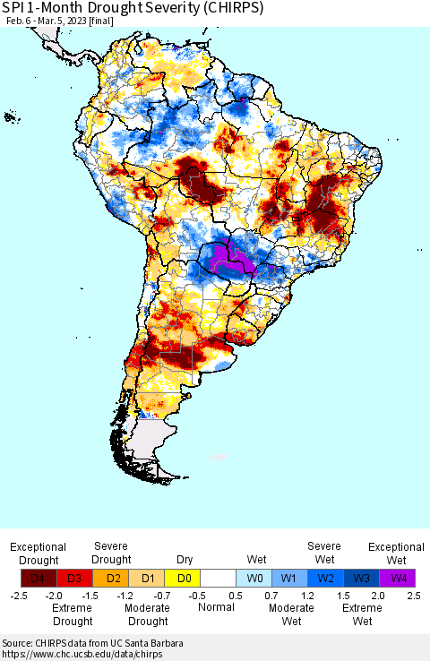 South America SPI 1-Month Drought Severity (CHIRPS) Thematic Map For 2/6/2023 - 3/5/2023