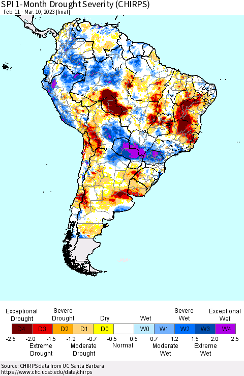 South America SPI 1-Month Drought Severity (CHIRPS) Thematic Map For 2/11/2023 - 3/10/2023