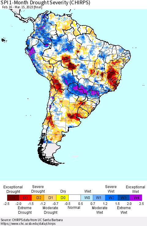 South America SPI 1-Month Drought Severity (CHIRPS) Thematic Map For 2/16/2023 - 3/15/2023