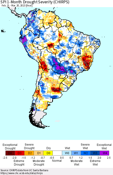 South America SPI 1-Month Drought Severity (CHIRPS) Thematic Map For 2/21/2023 - 3/20/2023