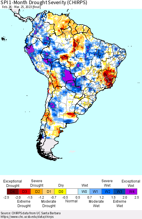 South America SPI 1-Month Drought Severity (CHIRPS) Thematic Map For 2/26/2023 - 3/25/2023