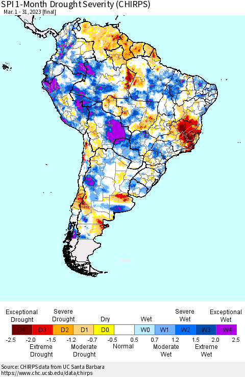 South America SPI 1-Month Drought Severity (CHIRPS) Thematic Map For 3/1/2023 - 3/31/2023
