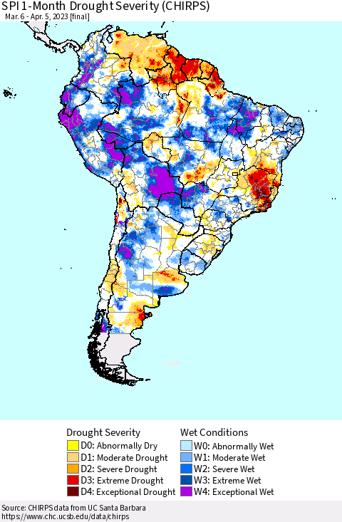 South America SPI 1-Month Drought Severity (CHIRPS) Thematic Map For 3/6/2023 - 4/5/2023