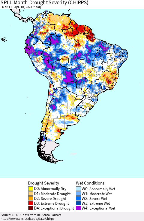South America SPI 1-Month Drought Severity (CHIRPS) Thematic Map For 3/11/2023 - 4/10/2023