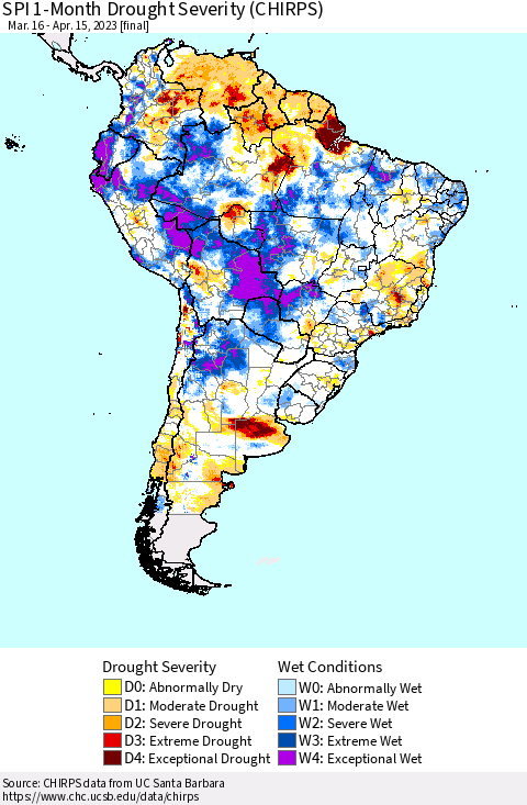 South America SPI 1-Month Drought Severity (CHIRPS) Thematic Map For 3/16/2023 - 4/15/2023