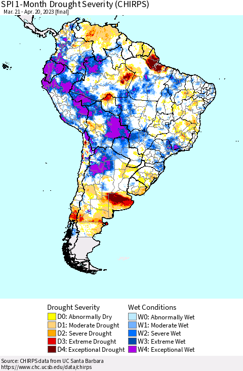 South America SPI 1-Month Drought Severity (CHIRPS) Thematic Map For 3/21/2023 - 4/20/2023