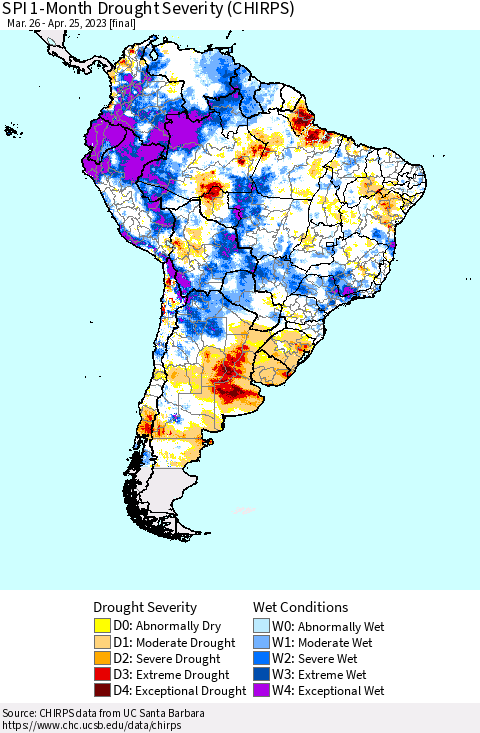 South America SPI 1-Month Drought Severity (CHIRPS) Thematic Map For 3/26/2023 - 4/25/2023