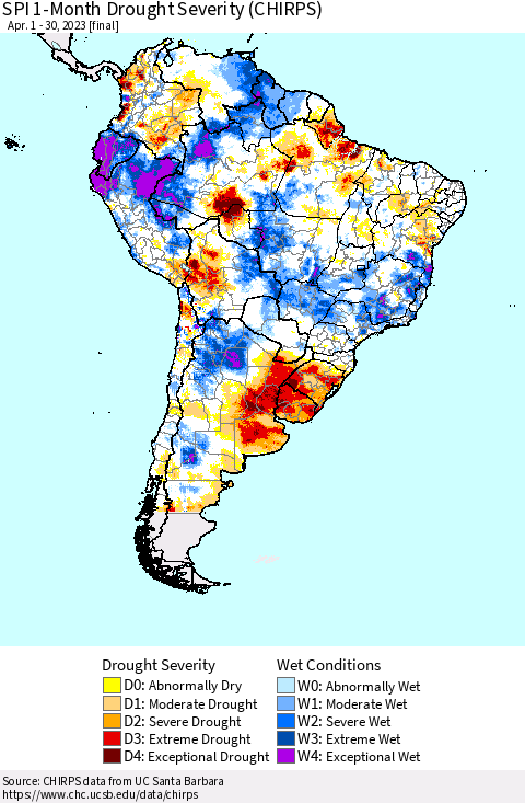 South America SPI 1-Month Drought Severity (CHIRPS) Thematic Map For 4/1/2023 - 4/30/2023