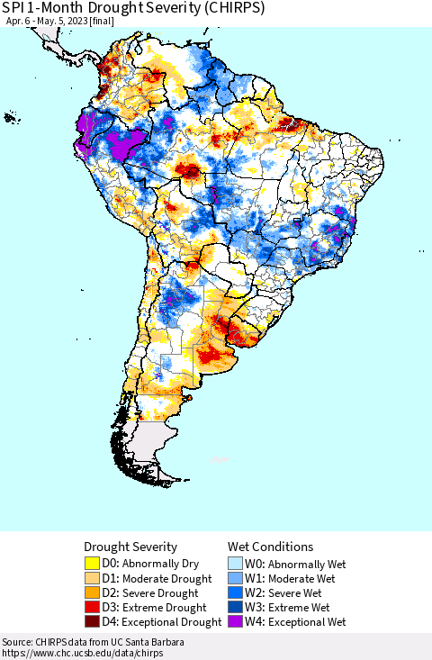 South America SPI 1-Month Drought Severity (CHIRPS) Thematic Map For 4/6/2023 - 5/5/2023