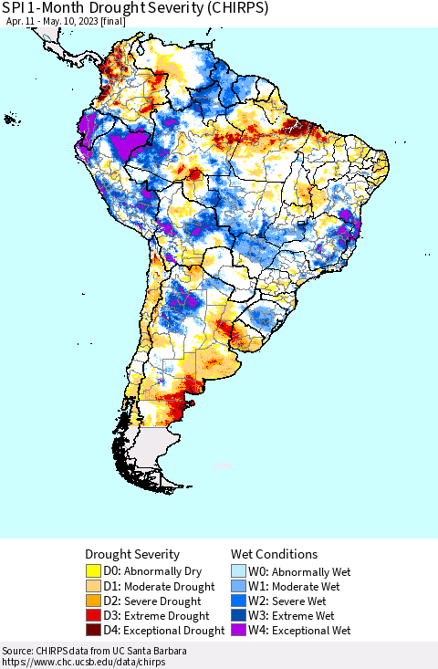 South America SPI 1-Month Drought Severity (CHIRPS) Thematic Map For 4/11/2023 - 5/10/2023