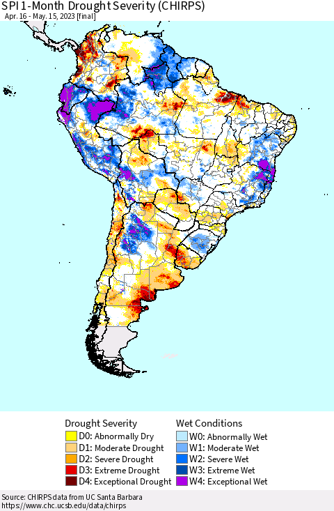 South America SPI 1-Month Drought Severity (CHIRPS) Thematic Map For 4/16/2023 - 5/15/2023