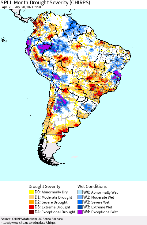 South America SPI 1-Month Drought Severity (CHIRPS) Thematic Map For 4/21/2023 - 5/20/2023