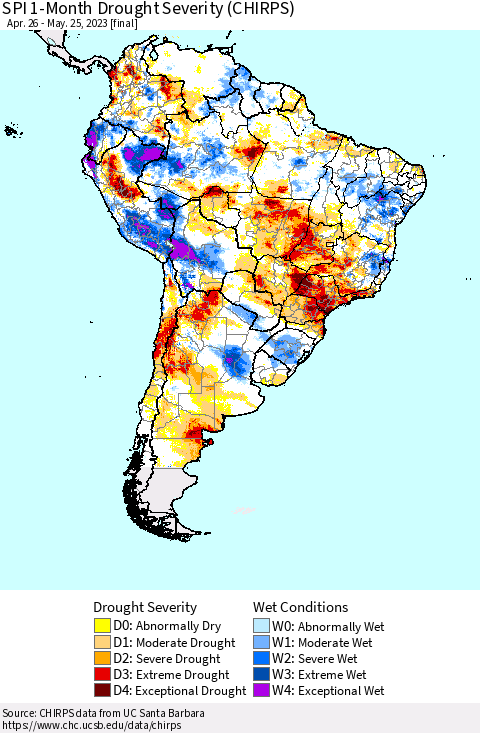 South America SPI 1-Month Drought Severity (CHIRPS) Thematic Map For 4/26/2023 - 5/25/2023