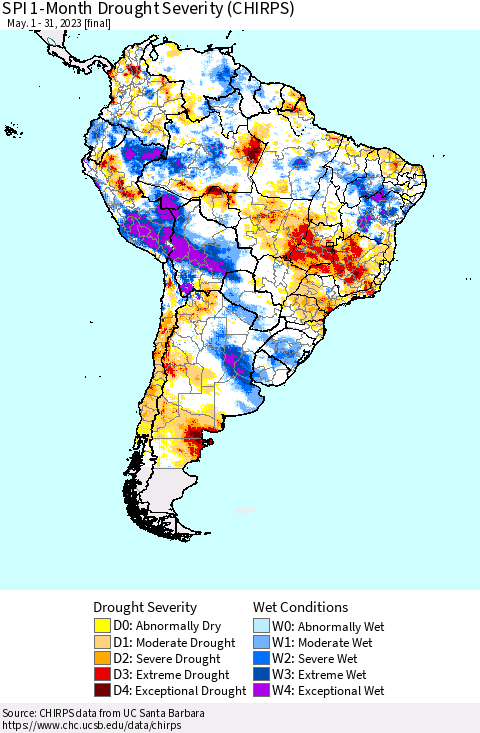 South America SPI 1-Month Drought Severity (CHIRPS) Thematic Map For 5/1/2023 - 5/31/2023