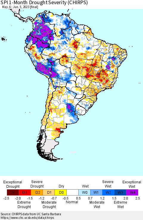 South America SPI 1-Month Drought Severity (CHIRPS) Thematic Map For 5/6/2023 - 6/5/2023