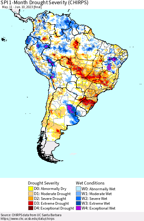 South America SPI 1-Month Drought Severity (CHIRPS) Thematic Map For 5/11/2023 - 6/10/2023