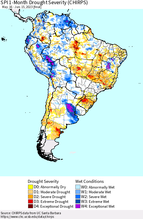 South America SPI 1-Month Drought Severity (CHIRPS) Thematic Map For 5/16/2023 - 6/15/2023