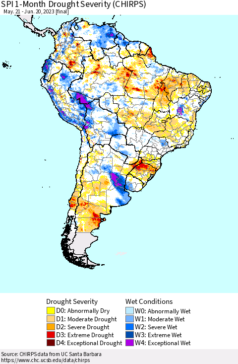 South America SPI 1-Month Drought Severity (CHIRPS) Thematic Map For 5/21/2023 - 6/20/2023