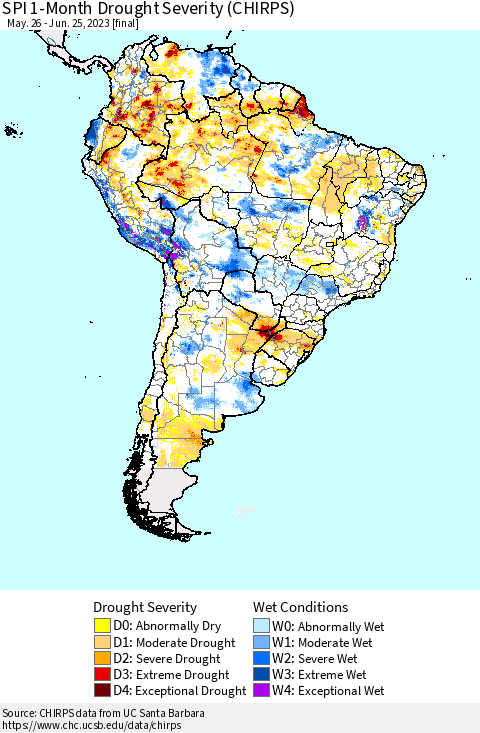 South America SPI 1-Month Drought Severity (CHIRPS) Thematic Map For 5/26/2023 - 6/25/2023