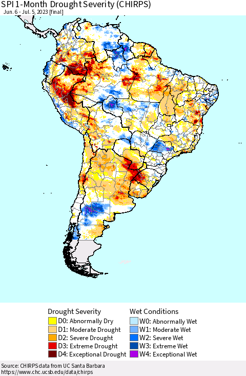 South America SPI 1-Month Drought Severity (CHIRPS) Thematic Map For 6/6/2023 - 7/5/2023