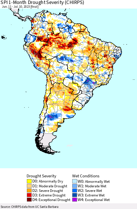 South America SPI 1-Month Drought Severity (CHIRPS) Thematic Map For 6/11/2023 - 7/10/2023