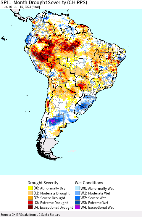 South America SPI 1-Month Drought Severity (CHIRPS) Thematic Map For 6/16/2023 - 7/15/2023