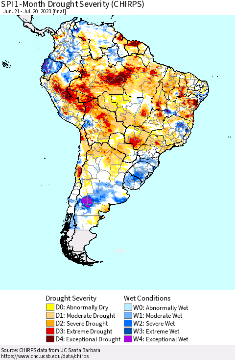 South America SPI 1-Month Drought Severity (CHIRPS) Thematic Map For 6/21/2023 - 7/20/2023